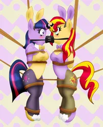 Size: 1024x1267 | Tagged: suggestive, artist:ponyguy67, artist:reimon-master-ii, derpibooru import, sunset shimmer, twilight sparkle, twilight sparkle (alicorn), anthro, abstract background, arm behind back, blushing, bondage, bound together, bound wings, box tied, breast bondage, breasts, bunny ears, bunny suit, clothes, crotch rope, female, females only, femsub, gag, horn ring, horns are touching, image, leotard, lip locker, looking at each other, magic suppression, playboy bunny sunset shimmer, playboy bunny twilight sparkle, png, ring gag, rope, rope bondage, shared gag, submissive, subset, suspended, twisub