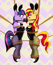 Size: 2664x3295 | Tagged: suggestive, artist:ponyguy67, artist:reimon-master-ii, derpibooru import, sunset shimmer, twilight sparkle, twilight sparkle (alicorn), anthro, arm behind back, blushing, bondage, bound together, bound wings, box tied, breast bondage, breasts, bunny ears, bunny suit, clothes, crotch rope, female, females only, femsub, gag, horn ring, horns are touching, image, latex, leotard, lip locker, looking at each other, magic suppression, playboy bunny sunset shimmer, playboy bunny twilight sparkle, png, ring gag, rope, rope bondage, shared gag, submissive, subset, suspended, twisub
