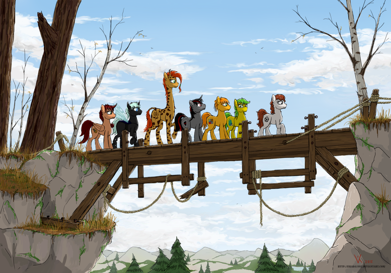 Size: 1280x896 | Tagged: artist:eriada, bridge, changeling, derpibooru import, giraffe, oc, oc:adeptus monitus, oc:ayri, oc:monita adeptia, oc:twiggy, oc:volga pony, oc:wit ray, safe, unofficial characters only