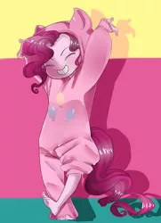 Size: 760x1052 | Tagged: artist:lovecupcake20, barefoot, clothes, costume, derpibooru import, eyes closed, feet, grin, hoodie, human, humanized, pinkie pie, safe, slime, smiling, solo, tailed humanization