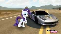 Size: 1280x720 | Tagged: safe, artist:equestianracer, derpibooru import, rarity, pony, car, ferrari, ferrarity, forza horizon, highway, itasha, solo