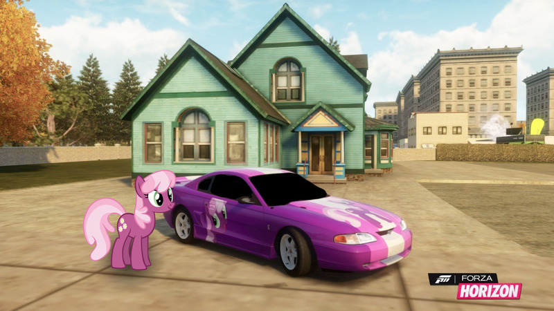 Size: 1280x720 | Tagged: safe, artist:equestianracer, derpibooru import, cheerilee, pony, car, ford, ford mustang, forza horizon, house, itasha, mustang, solo