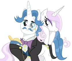 Size: 2000x1700 | Tagged: safe, artist:equestria-prevails, derpibooru import, fancypants, fleur-de-lis, pony, unicorn, bowtie, clothes, facial hair, fancyfleur, female, frown, hoof hold, leaning, lidded eyes, looking down, male, mare, monocle, moustache, raised hoof, shipping, simple background, smiling, stallion, standing, straight, transparent background, watch