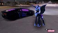 Size: 1280x720 | Tagged: safe, artist:equestianracer, derpibooru import, nightmare moon, pony, car, forza horizon, itasha, lamborghini, lamborghini aventador, night, solo