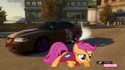 Size: 1024x576 | Tagged: safe, artist:equestianracer, derpibooru import, scootaloo, pony, car, city, ford, ford mustang, forza horizon, itasha, mustang, solo
