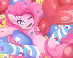 Size: 1500x1188 | Tagged: safe, artist:jinzhan, derpibooru import, pinkie pie, earth pony, pony, balloon, belly button, clothes, female, mare, one eye closed, open mouth, smiling, socks, solo, starry eyes, strategically covered, striped socks, tail censor, underhoof, wingding eyes, wink