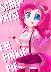 Size: 1600x2266 | Tagged: safe, artist:ermaowu, derpibooru import, pinkie pie, human, :p, belly button, blushing, colored pupils, cute, diapinkes, eared humanization, female, humanized, looking at you, midriff, pinkie physics, screw physics, shrug, shrugpony, solo, suspenders, tailed humanization, tongue out
