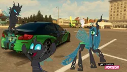 Size: 1280x720 | Tagged: artist:equestianracer, bmw, bmw 5-series, bmw f10, bmw m5, car, changeling, derpibooru import, forza horizon, group, itasha, parking lot, queen chrysalis, safe