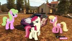 Size: 1280x720 | Tagged: safe, artist:equestianracer, derpibooru import, daisy, flower wishes, lily, lily valley, roseluck, pony, car, forza horizon, group, itasha, mazda, mazda rx8, trio