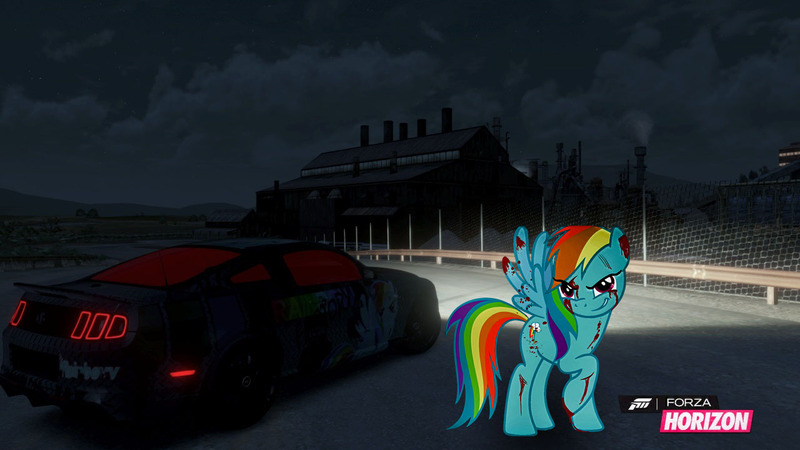 Size: 1280x720 | Tagged: semi-grimdark, artist:equestianracer, derpibooru import, rainbow dash, pony, fanfic:rainbow factory, blood, car, ford, ford mustang, forza horizon, itasha, night, shelby, shelby gt500 mustang, solo