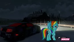 Size: 1280x720 | Tagged: semi-grimdark, artist:equestianracer, derpibooru import, rainbow dash, pony, fanfic:rainbow factory, blood, car, ford, ford mustang, forza horizon, itasha, night, shelby, shelby gt500 mustang, solo