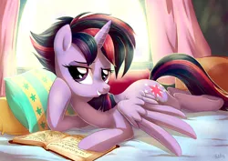Size: 1200x849 | Tagged: safe, artist:yulyeen, derpibooru import, twilight sparkle, twilight sparkle (alicorn), alicorn, pony, castle sweet castle, alternate hairstyle, bed, bedroom eyes, book, draw me like one of your french girls, female, mare, pillow, punklight sparkle, solo, sultry pose