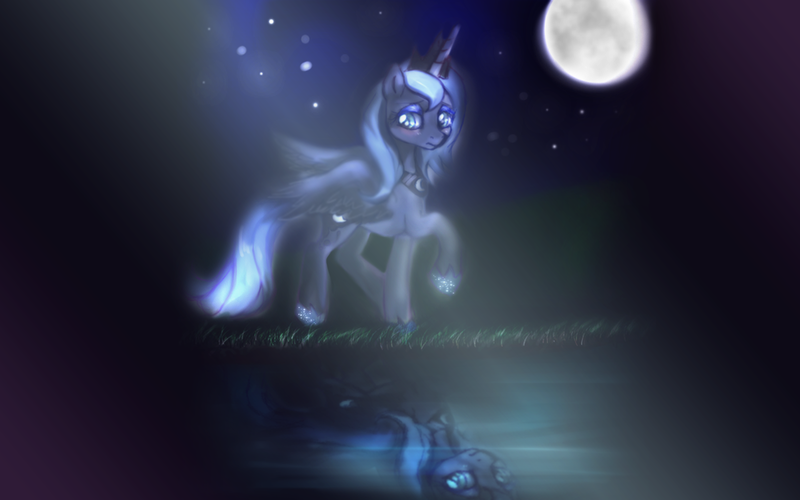 Size: 1440x900 | Tagged: safe, artist:lunaltaria, derpibooru import, princess luna, moon, night, reflection, s1 luna, solo, water