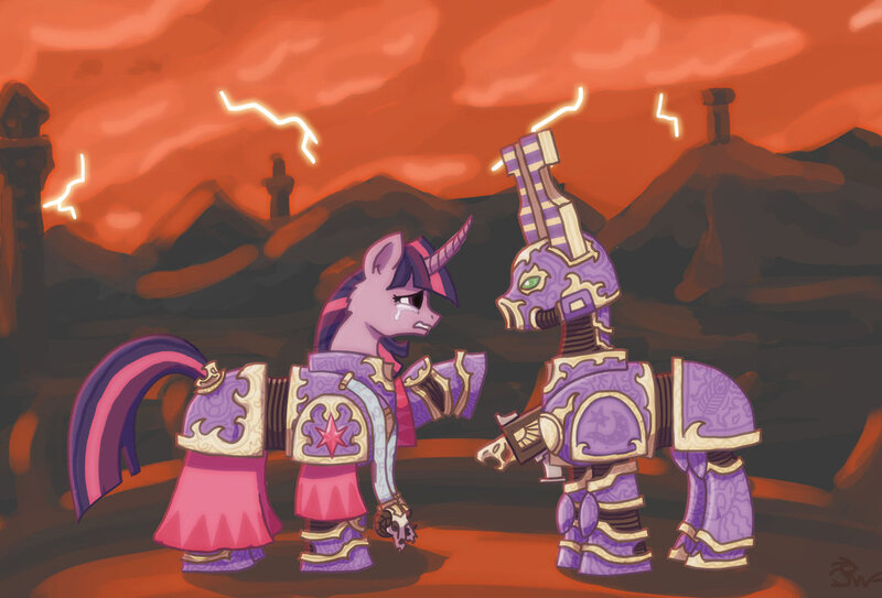 Size: 1023x694 | Tagged: safe, artist:sensko, derpibooru import, trixie, twilight sparkle, ponified, pony, unicorn, ahzek ahriman, armor, bolter, chaos space marine, crossover, crying, female, mare, rubric marine, sad, space marine, thousand sons, warhammer (game), warhammer 30k, warhammer 40k