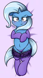 Size: 1321x2371 | Tagged: suggestive, artist:graphenescloset, derpibooru import, trixie, pony, unicorn, belly button, blushing, clothes, female, looking at you, mare, on back, panties, purple underwear, solo, stockings, underwear