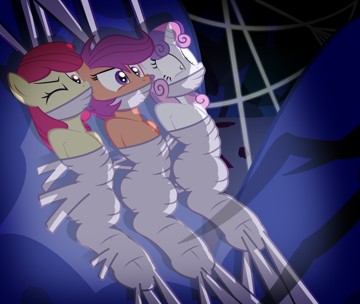 Size: 800x674 | Tagged: apple bloom, arachnophobia, artist:radiantrealm, bloomsub, bondage, cutie mark crusaders, derpibooru import, gag, imminent vore, older, peril, scootaloo, scootasub, show accurate, show accurate porn, spider, spider web, suggestive, sweetie belle, sweetiesub, wide eyes