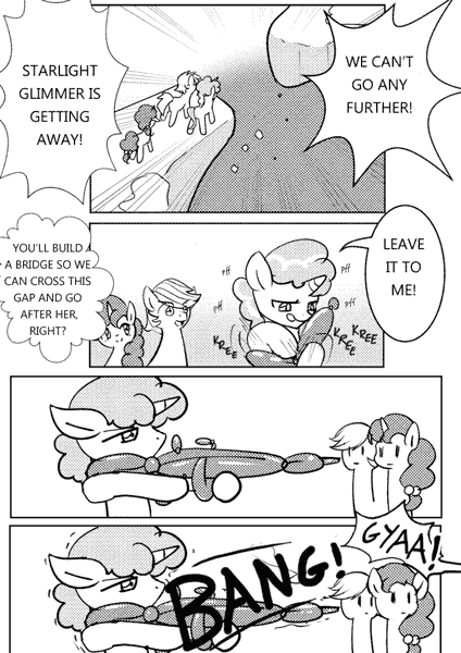 Size: 724x1024 | Tagged: 4koma, alternate ending, artist:yajima, balloon, balloon animal, comic, derpibooru import, double diamond, edit, gun, japanese, monochrome, party favor, pixiv, rifle, safe, sniper rifle, sugar belle, the cutie map, translation, weapon