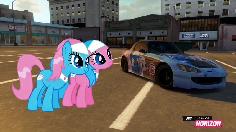 Size: 1280x720 | Tagged: safe, artist:equestianracer, derpibooru import, aloe, lotus blossom, pony, car, duo, forza horizon, group, honda, honda s2000, itasha