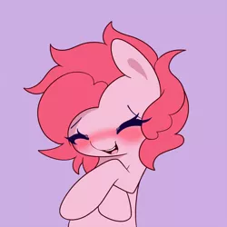 Size: 900x900 | Tagged: artist:joyfulinsanity, blushing, cute, derpibooru import, diapinkes, eyes closed, open mouth, pinkie pie, ponk, purple background, safe, simple background, smiling, solo