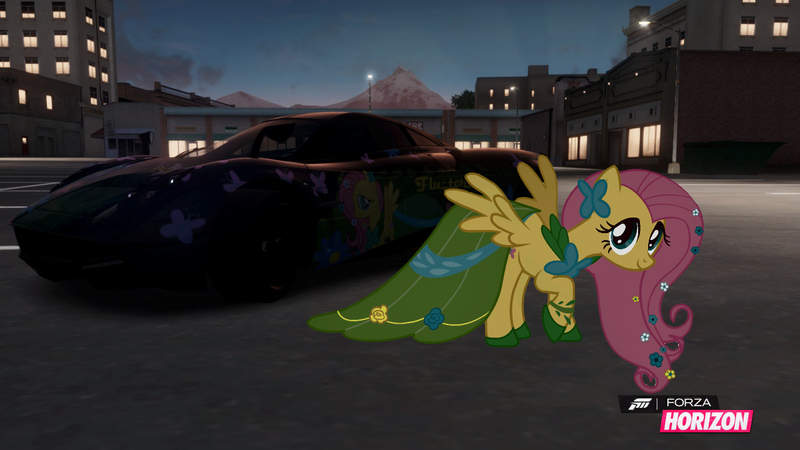 Size: 1280x720 | Tagged: artist:equestianracer, car, clothes, derpibooru import, dress, fluttershy, forza horizon, gala dress, night, pagani, pagani huayra, safe, solo