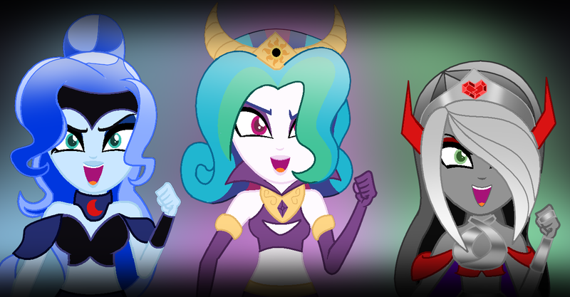 Size: 1339x698 | Tagged: safe, artist:itzeldrag108, derpibooru import, princess celestia, princess luna, oc, equestria girls, dark mirror universe, equestria girls-ified, evil celestia, evil luna, mirror universe