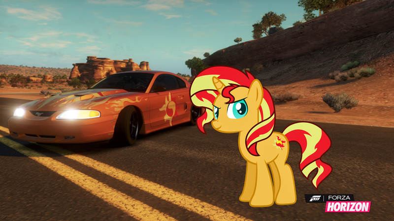 Size: 1280x720 | Tagged: safe, artist:equestianracer, derpibooru import, sunset shimmer, pony, car, ford, ford mustang, forza horizon, mustang, solo