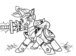 Size: 1007x744 | Tagged: safe, artist:jargon scott, derpibooru import, oc, oc:limit state, unofficial characters only, pony, unicorn, alternate universe, armor, caution sign, caution tape, fantasy class, foam, foam sword, knight, magic, monochrome, paladin, solo, sticker, sword, sword rara, warrior