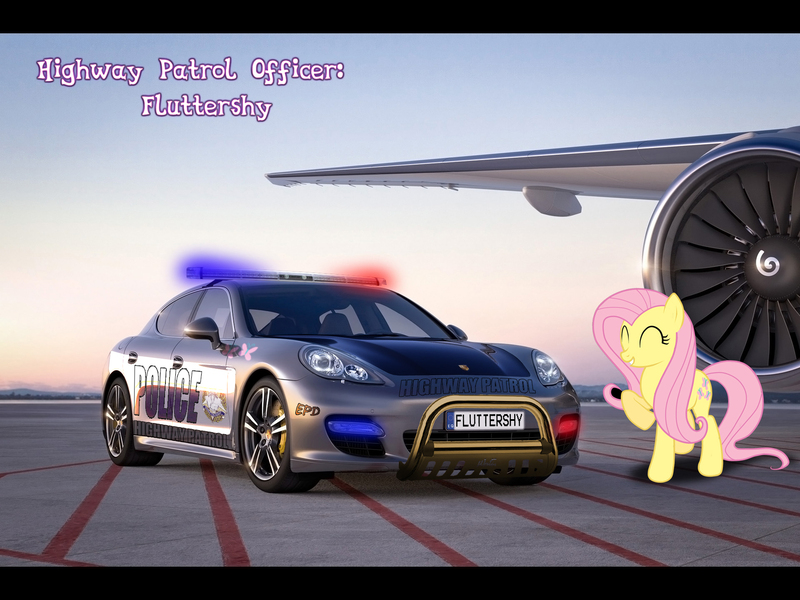 Size: 1920x1440 | Tagged: airport, artist:con360, car, derpibooru import, fluttershy, highway patrol, plane, police car, porsche, porsche panamera, safe, solo