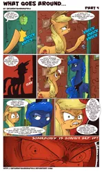 Size: 942x1595 | Tagged: suggestive, artist:saturdaymorningproj, derpibooru import, applejack, big macintosh, princess luna, alicorn, earth pony, pony, comic:what goes around, angry, comic, implied sex, lip bite, lunamac, male, shipping, stallion, straight