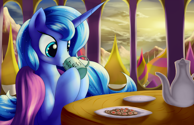 Size: 2550x1650 | Tagged: artist:grennadder, blanket, canterlot, cookie, cup, derpibooru import, drinking, hoof hold, plate, princess luna, safe, solo, tea, tea set