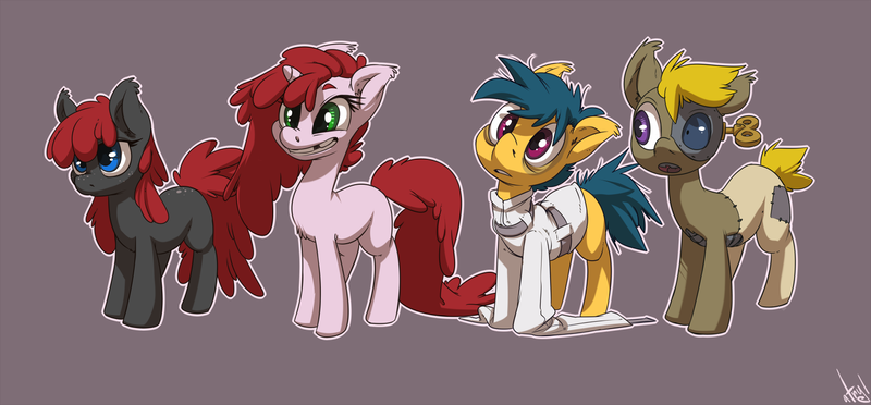 Size: 1500x697 | Tagged: safe, artist:atryl, derpibooru import, oc, oc:cherry fudge, oc:gear head, oc:strait jacket, oc:yoki, unofficial characters only, earth pony, pony, unicorn, gap teeth, straitjacket