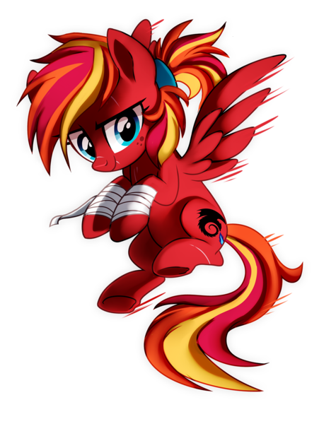 Size: 1095x1383 | Tagged: safe, artist:pepooni, derpibooru import, oc, oc:fire strike, unofficial characters only, pegasus, pony, bandage, flying, freckles, ponytail, scar