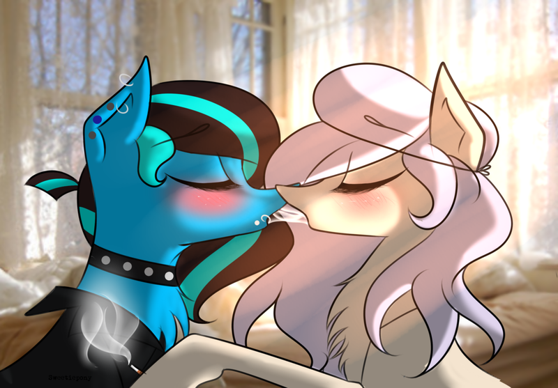 Size: 1024x713 | Tagged: suggestive, artist:sweetiepony, derpibooru import, oc, unofficial characters only, earth pony, pony, cigarette, ear piercing, french kiss, piercing, second hand smoke, smoking