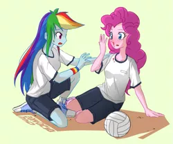 Size: 705x587 | Tagged: safe, artist:siemensohm, derpibooru import, pinkie pie, rainbow dash, equestria girls, blood, blushing, clothes, converse, embarrassed, friendly fire, gym uniform, kneeling, nosebleed, shoes, sneakers, sweat, volleyball, worried