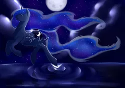 Size: 1024x724 | Tagged: artist:nephiam, derpibooru import, flying, moon, night, princess luna, safe, solo, water