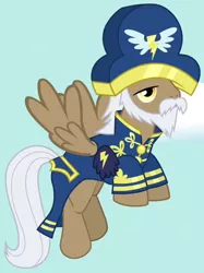 Size: 470x628 | Tagged: safe, derpibooru import, screencap, admiral fairweather, unnamed pony, pegasus, pony, testing testing 1-2-3, ancient wonderbolts uniform, background pony, beard, bicorne, clothes, costume, cropped, elderly, facial hair, flying, hat, male, moustache, stallion, uniform