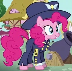 Size: 474x468 | Tagged: safe, derpibooru import, screencap, general firefly, pinkie pie, earth pony, pony, testing testing 1-2-3, ancient wonderbolts uniform, cannon, clothes, costume, cropped, female, hat, mare, outfit catalog, smiling, solo, uniform