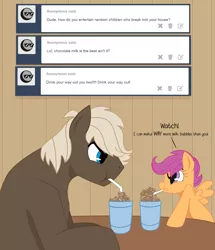 Size: 1250x1453 | Tagged: artist:dbkit, ask, bubble, chocolate milk, derpibooru import, dumbbell, safe, scootaloo, tumblr