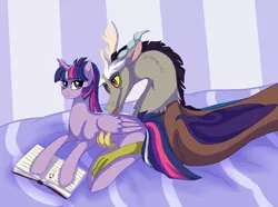Size: 3112x2316 | Tagged: safe, artist:silcybell, deleted from derpibooru, derpibooru import, discord, twilight sparkle, twilight sparkle (alicorn), alicorn, pony, book, cuddling, discolight, female, glasses, licking, male, mare, prone, shipping, snuggling, straight