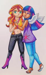 Size: 556x900 | Tagged: safe, artist:rohinar, derpibooru import, sunset shimmer, twilight sparkle, twilight sparkle (alicorn), equestria girls, rainbow rocks, belly button, female, humanized, lesbian, midriff, shipping, sunsetsparkle, traditional art, winged humanization