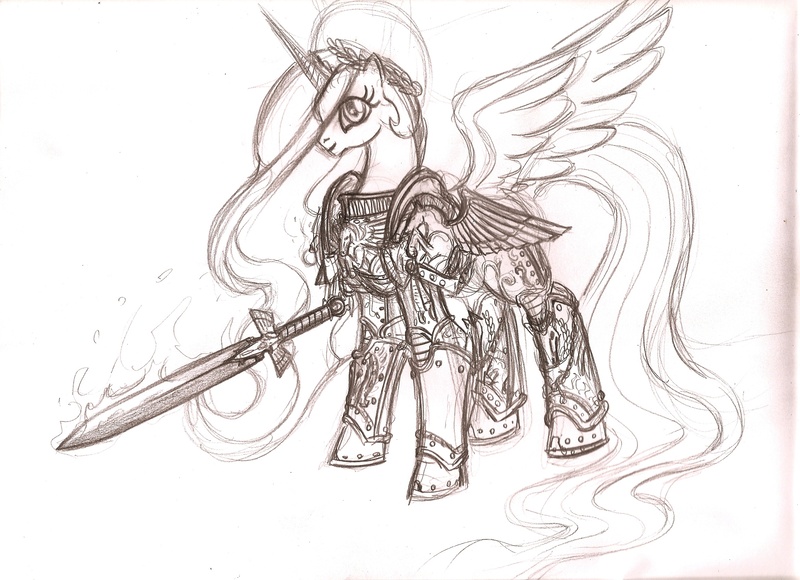 Size: 2337x1694 | Tagged: artist:cahook2, burning blade, crossover, derpibooru import, god-emperor of mankind, god empress of ponykind, monochrome, power armor, power sword, princess celestia, safe, solo, sword, traditional art, warhammer 40k, warhammer (game)