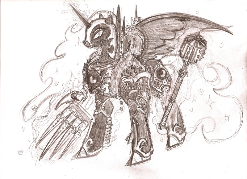 Size: 2337x1694 | Tagged: artist:cahook2, chaos, crossover, derpibooru import, horus lupercal, lightning claw, mace, monochrome, nightmare moon, power armor, primarch, safe, solo, talon of horus, traditional art, warhammer 40k, warhammer (game), worldbreaker