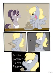 Size: 1700x2338 | Tagged: safe, artist:artisticwerks, derpibooru import, derpy hooves, sugar belle, pegasus, pony, the cutie map, ..., baked bads, comic, crying, female, forced smile, grin, hello darkness my old friend, mare, muffin, simon and garfunkel, spread wings, the sound of silence