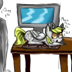 Size: 800x800 | Tagged: safe, artist:nyabird, derpibooru import, derpy hooves, human, behaving like a cat, cat ears, computer, keyboard, prone