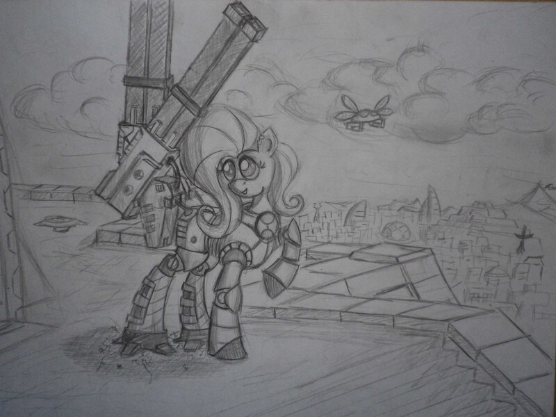 Size: 4000x3000 | Tagged: artist:panzerwaffe, battle suit, broadside, crossover, derpibooru import, drone, fluttershy, monochrome, parasprite, railgun, safe, tau, traditional art, warhammer 40k, warhammer (game), xv88 broadside battlesuit