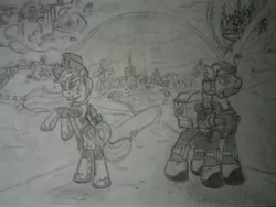 Size: 4000x3000 | Tagged: safe, artist:panzerwaffe, derpibooru import, applejack, big macintosh, earth pony, pony, armor, canterlot, cloudsdale, crossover, imperial guard, imperium of man, inquisition, male, monochrome, ponyville, stallion, traditional art, warhammer (game), warhammer 40k