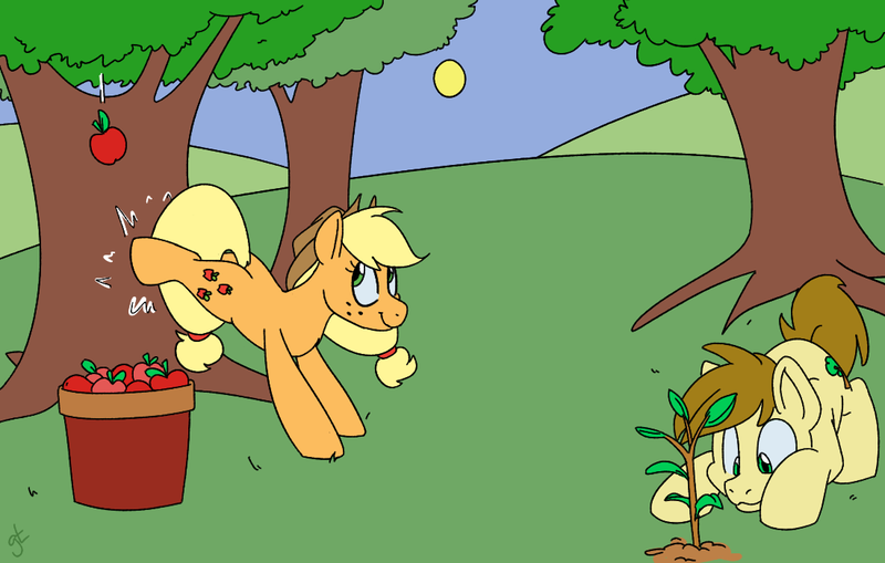 Size: 1100x700 | Tagged: safe, artist:goat train, deleted from derpibooru, derpibooru import, applejack, oc, oc:arbor breeze, earth pony, pony, apple, applebucking, bucking, hatless, looking back, male, missing accessory, orchard, prone, smiling, theopticals, tree, watching