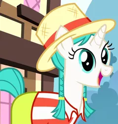 Size: 736x770 | Tagged: safe, derpibooru import, screencap, unnamed pony, unicorn, pinkie pride, bowler hat, braid, clothes, cropped, fair way, female, hat, mare, pinkie the party planner, shirt, smiling