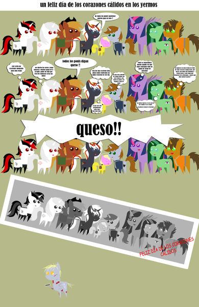 Size: 1024x1575 | Tagged: safe, artist:aborrozakale, derpibooru import, derpy hooves, ditzy doo, oc, oc:appletart longshot, oc:blackjack, oc:calamity, oc:littlepip, oc:puppysmiles, oc:radiant star, oc:velvet remedy, oc:violet iris, unofficial characters only, alicorn, earth pony, pegasus, pony, unicorn, fallout equestria, fanfic, alicorn oc, battle saddle, clothes, comic, fanfic art, female, filly, gun, hat, hearth's warming eve, male, mare, pipbuck, pointy ponies, que?, spanish, stallion, vault suit, wat, weapon