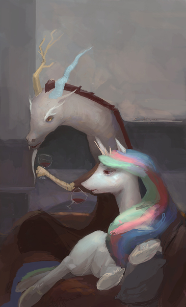 Size: 730x1200 | Tagged: safe, artist:php90, derpibooru import, discord, princess celestia, alcohol, dislestia, sad, shipping, wine